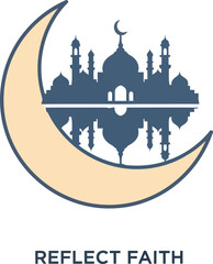 Ramadan Crescent Moon with Mosque Silhouette and Reflect Faith Typography for Islamic Holiday Design