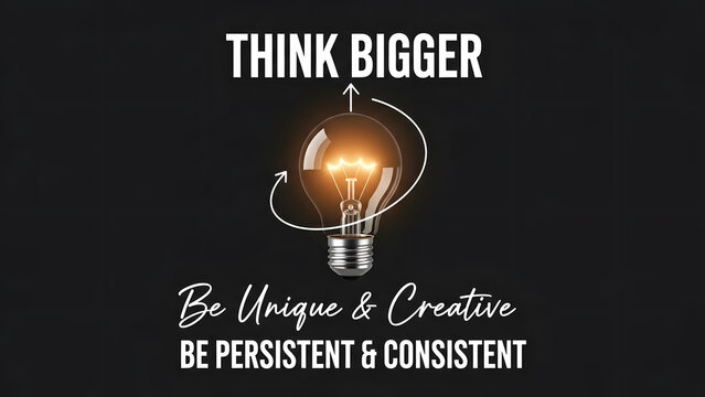 Inspirational motivational quote with glowing light bulb on black