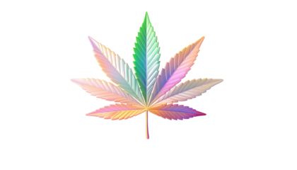 Holographic cannabis leaf glows against a stark black background