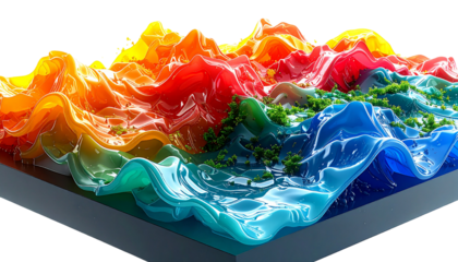 Abstract 3D terrain morphing through colors; hills, liquid, and greenery