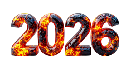 Glowing lava-filled year, digits 2026, set against a black backdrop