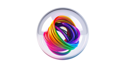 Colorful intertwined strands inside a clear sphere against a black background