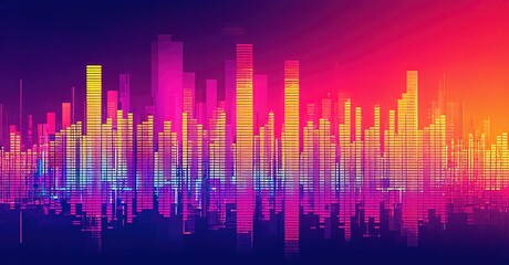Vibrant equalizer display. Colorful bars represent sound frequencies, creating dynamic visual experience. Dark background enhances luminosity.
