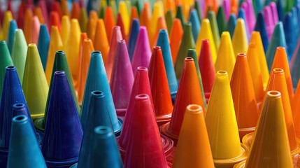 Colorful cones arranged in rows at a craft store during daylight showcasing a variety of colors for creative projects and activities