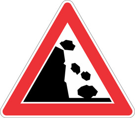 A road sign warning of falling rocks and potential landslide ahead on a mountain road.