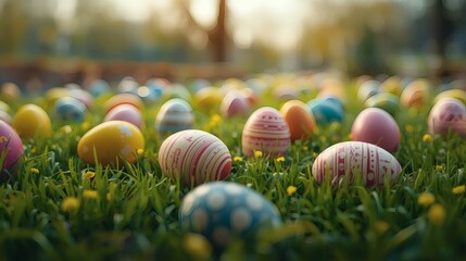 Easter eggs in grass on an Easter egg hunt