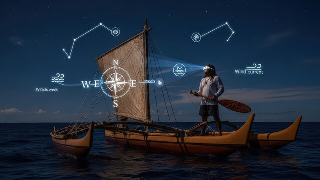 Indigenous Navigator on Traditional Pacific Voyager Canoe Using Augmented Reality Star Holograms for Wayfinding at Twilight