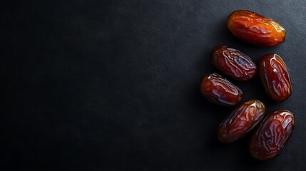 Six glistening dates on a dark background