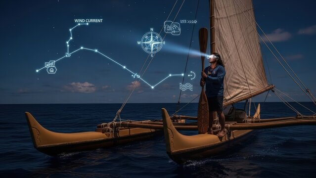 Indigenous Navigator on Traditional Pacific Voyager Canoe Using Augmented Reality Star Holograms for Wayfinding at Twilight