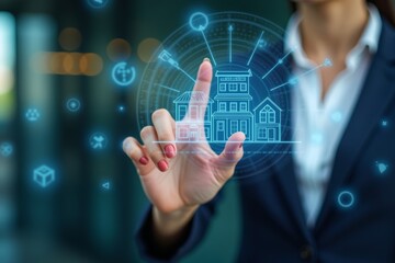 Stylish executive utilizing AI technology for eco-friendly smart homes with robotic assistants