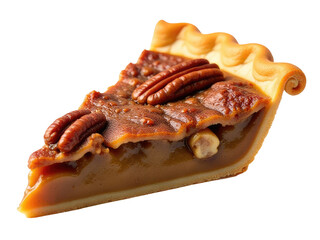 Freshly baked pecan pie slice on a clean white background, ready for serving or decorating