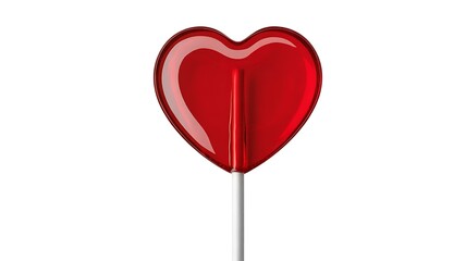A glossy red heart-shaped lollipop on a stick is centered against a white background