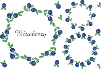 Vector set of wreaths of round frames made of blueberries with leaves