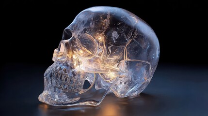 Crystal skull sits on a dark surface with light reflections shining off its smooth surface during an indoor display
