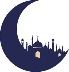 Ramadan Crescent Moon with Mosque Silhouette Vector for Islamic Holiday and Eid Mubarak Designs