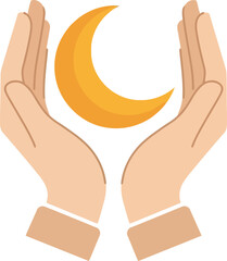 Ramadan Kareem Crescent Moon and Hands Illustration for Islamic Holy Month, Prayer, and Blessings