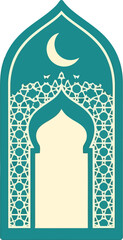 Elegant Ramadan Islamic Arch with Crescent Moon and Geometric Pattern for Festive Greeting Designs