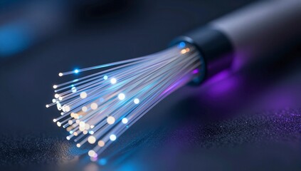 Close up of glowing fiber optic strands emitting blue and purple light