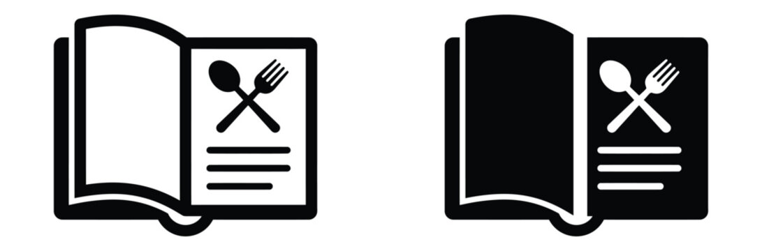 Menu book icons with crossed utensils and lines,Cookbook icon set. Recipe book icons collection. Spoon and fork symbol in the book. Food recipe book icon vector. Cooking learning book or cooking guide