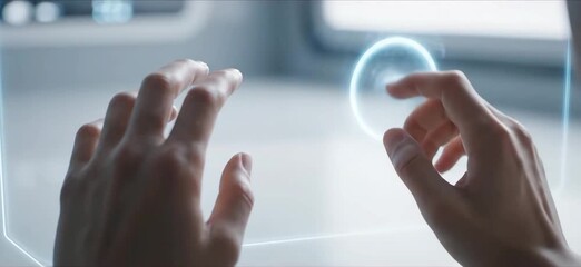 Human hands with futuristic and focused mood interacting with a holographic digital interface against a soft blurred technology - Powered by Adobe