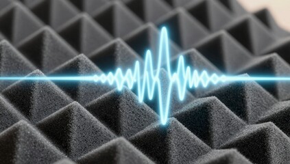 Bright blue sound wave graphic superimposed over textured grey acoustic foam panels