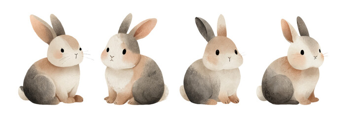 Obraz premium Cute bunny watercolor set with charming rabbit characters and Easter elements. Adorable baby animals. illustrations ideal for greeting cards and children's projects. Vector illustration.