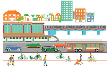 Stadtsilhouette mit autos, &ouml;ffentliche verkehrsmittel, Stadtbahn, Metro,  Illustration