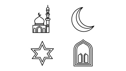 Obraz premium A thoughtfully curated collection of elegant black and white outline vector icons representing Islamic cultural and religious themes, featuring a mosque, crescent moon,