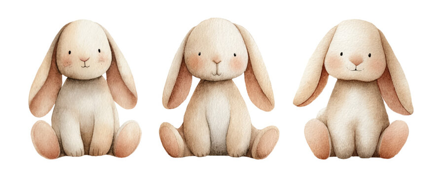 Set of watercolor cute toy rabbits. Plush toy rabbits on isolated background. Elements for Easter cards, nursery decor and spring design. Vector illustration.
