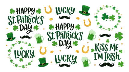 Happy st patricks day themed design with text, shamrocks, horseshoes, hats, and mustaches scattered across the image no background