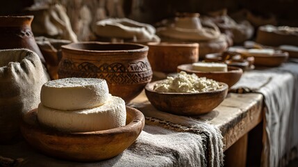 Rustic still life featuring hand-crafted pottery and freshly made cheese. Wooden bowls and an earthenware jug provide a traditional kitchen ambiance, with artisan cheese.