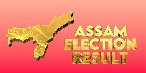 Assam Election Concept with Golden 3D Map and Bold Text on Purple Background