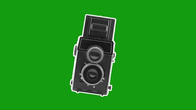 Retro photo camera with paper effect and stop motion animation on a chromakey background. 4K