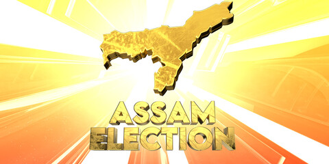 Assam Election Concept with Golden 3D Map and Bold Text on Purple Background