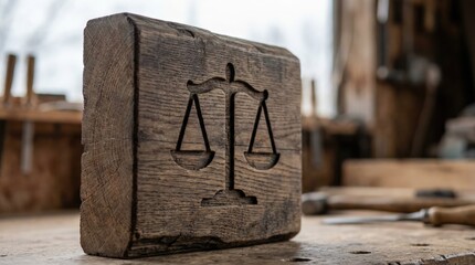 Hand-carved wooden scales of justice symbol resting on a workbench in a rustic carpentry workshop with soft natural daylight.