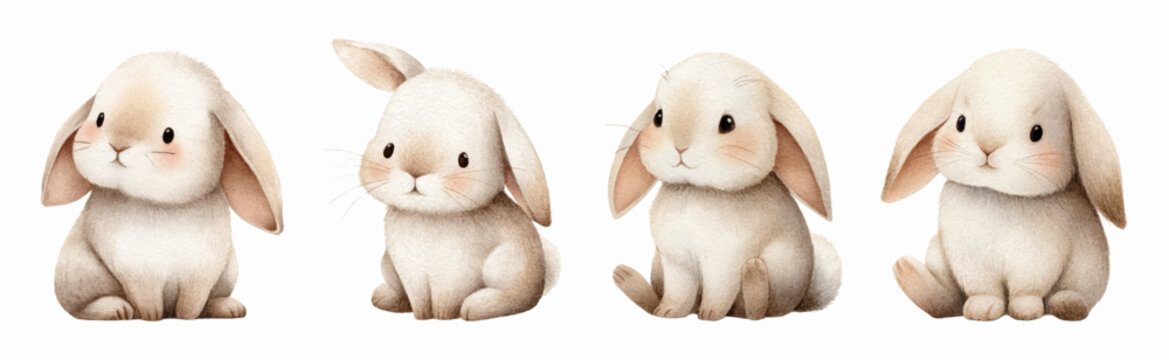 Watercolor set of cute gray bunnies. Baby rabbits hand drawn. Cartoon animal elements for children's, spring and Easter designs. Vector illustration. Vector illustration.