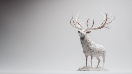 Sculpture of a deer with large antlers displayed in a studio setting during daylight hours