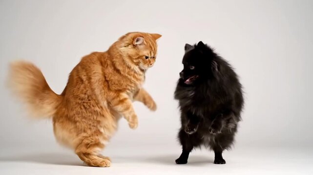 Funny ginger cat and small black dog with playful mood standing upright together against a clean studio background with copy space