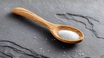 Rustic charm: A wooden spoon holds glistening white granules on a textured slate surface. The simple elegance highlights the natural beauty and culinary essence.