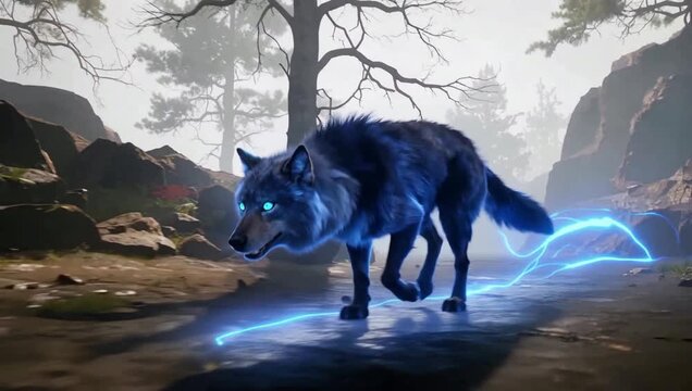 Electric wolf in a forest environment with glowing blue eyes and lightning.