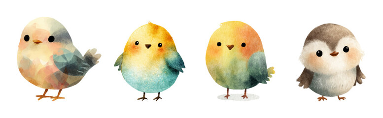 Set of cute watercolor spring baby birds. Spring cartoon bird characters. Cute birds for spring, Easter and wildlife designs. Baby spring birds. Vector illustration. © Narin