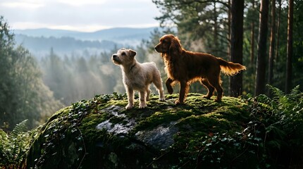 Naklejka premium Two dogs standing on mossy rock in forest with scenic view