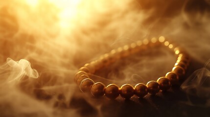 Golden prayer beads illuminated by warm sunlight