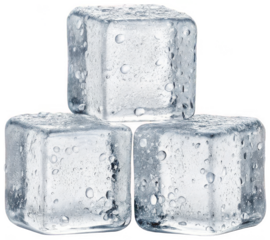 Three translucent, irregularly shaped ice cubes composed of frozen water with visible air bubbles and a slightly frosted texture, stacked closely together in a, isolated on transparent background.