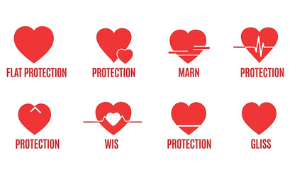 Set of red heart icons with various designs and protection labels.