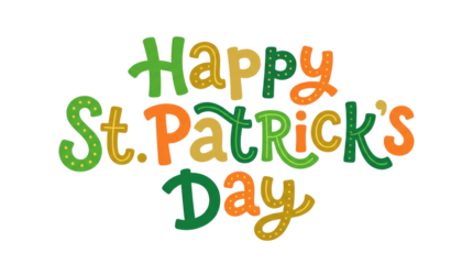 Happy st patricks day text art with green and orange letters, festive and cheerful ready for compositing on white and transparent background