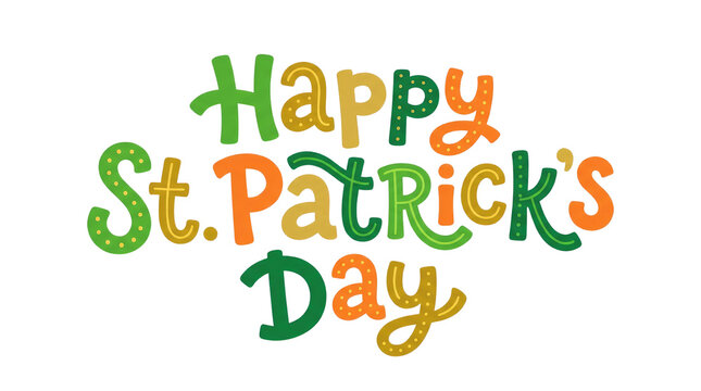 Happy st patricks day text art with green and orange letters, festive and cheerful ready for compositing on white and transparent background