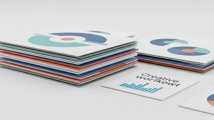 Stacks of square business cards with abstract colorful charts on white table