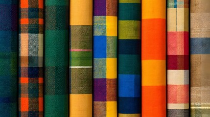 An array of vibrant, plaid textiles showcasing a spectrum of colors and patterns. Perfect for adding a touch of warmth and texture to any design project. #fabrics #plaid