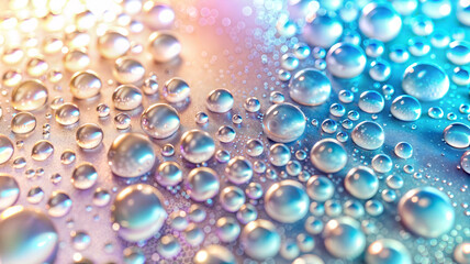Water drops on a colorful surface with a gradient light reflection. Abstract background for freshness and moisture concept.